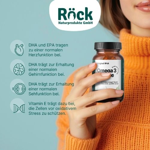 Eine Frau im orangefarbenen Pullover hält ein Glas Omega 3 Fischöl Kapseln der Marke Röck Naturprodukte vor blauem Hintergrund. Daneben stehen Icons und Hinweise zu Vorteilen für Herz-, Gehirn- und Sehfunktion sowie antioxidativem Zellschutz.