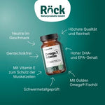 Ein braunes Glas mit Omega 3 Fischöl Kapseln der Marke Röck Naturprodukte steht vor grünem Hintergrund, umgeben von Hinweisen zu Qualität, Reinheit, DHA- und EPA-Gehalt, Vitamin E, Gentechnikfreiheit sowie schwermetallgeprüfter Herstellung.