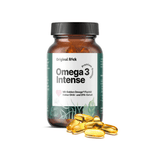 Ein braunes Glas mit dem Produkt Omega 3 Intense von Röck Naturprodukte steht vor weißem Hintergrund, umgeben von goldenen Softgel-Kapseln. Das Etikett betont Golden Omega Fischöl sowie hohen DHA- und EPA-Gehalt, passend für Omega 3 Fischöl Kapseln.